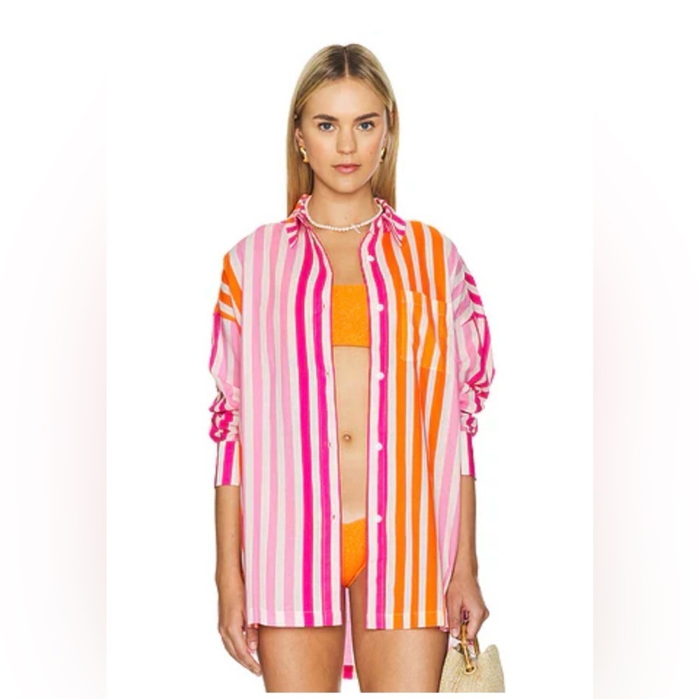 BEACH RIOT Alexa Striped Pink and Orange Button-Up Coverup Top Size S/M Revolve